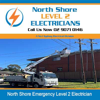 Utility truck with boom working on power line in North Shore